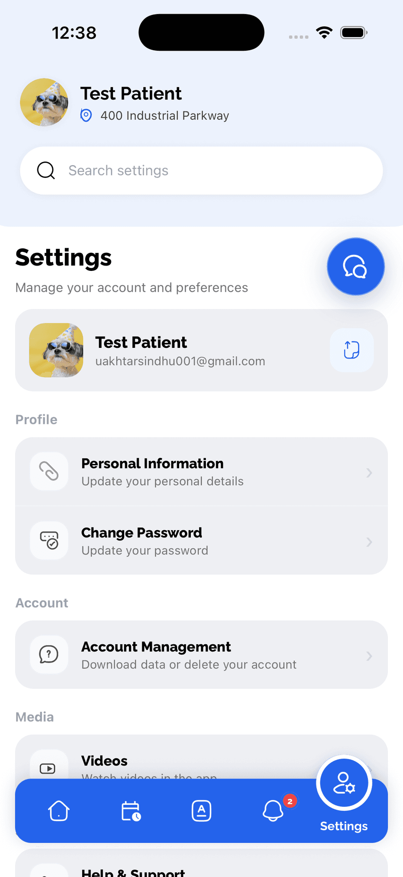 MD Telemed app Settings screen with Account Management highlighted under the Account section