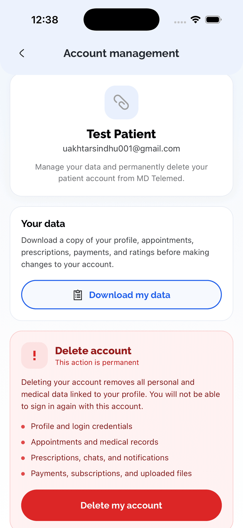 Account management screen showing Download my data and Delete account options