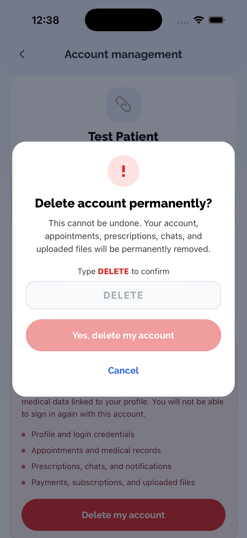 Delete account confirmation dialog asking the user to type DELETE
