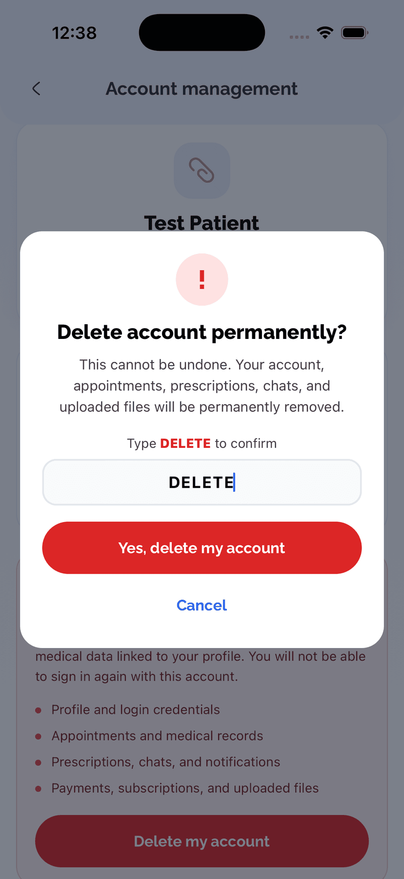 Confirmation dialog with DELETE typed in the field and Yes, delete my account button